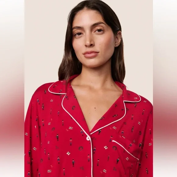 NWT Eberjey Gisele Printed Long Pajama Set Nutcracker Holly Red & Ivory Size XL - Picture 4 of 14